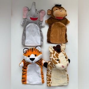Plush Animal Hand Puppet Set - Elephant, Monkey, Tiger & Giraffe - used once